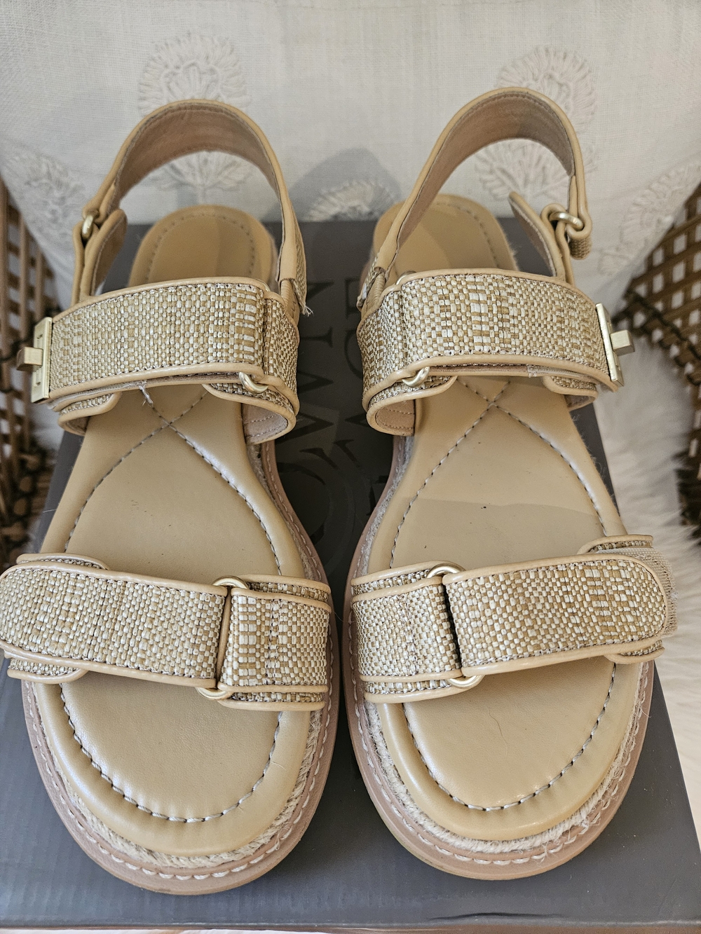 Beige Quilted Strap Sandals with Metallic Weave